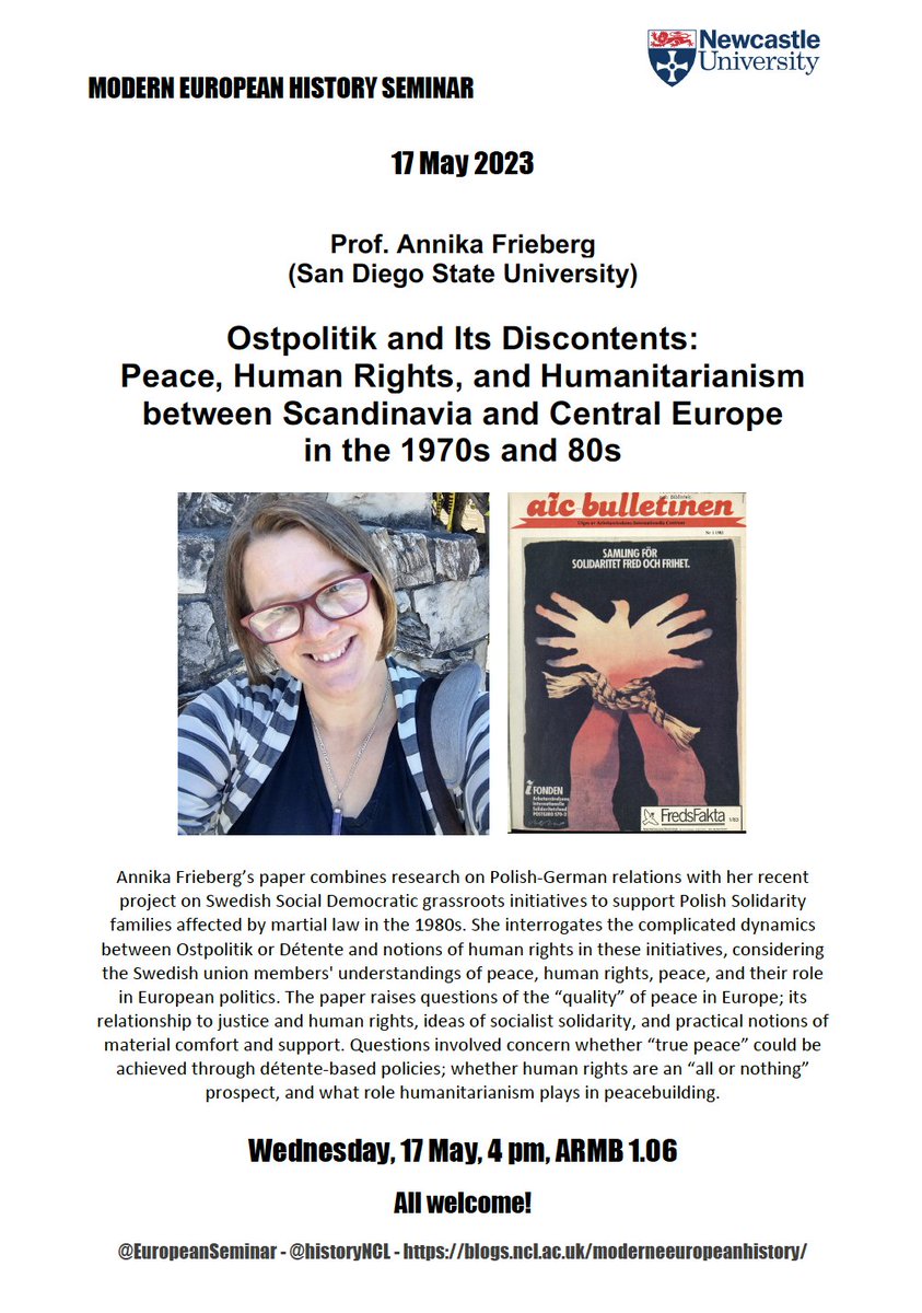 EuropeanSeminar's tweet image. We  are very much looking foward to welcoming @FriebergAnnika next week! On 17 May, 4pm UK time, she will be speaking about "#Peace, Human Rights, and #Humanitarianism between Scandinavia and Central Europe in the 1970s and 80s" here at @historyNCL. All welcome!