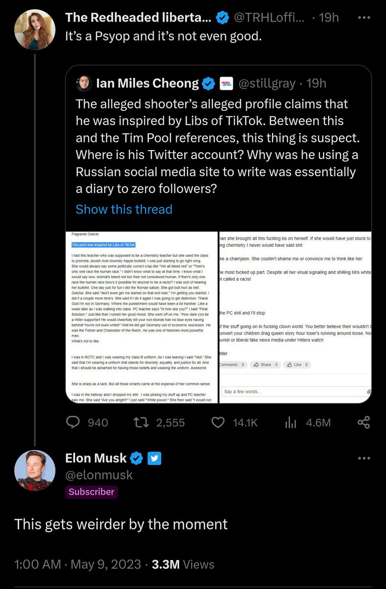 kasvismafioso's tweet photo. Some of #ElonMusk's comments on the #TexasMallMassacre. 🤯
#MarjorieTaylorGreene #MTG #IanMilesCheong #TexasShooting #AllenShooting #MassShooting #FarRight #RightWing #Nazi #NeoNazi #racism #fascism https://t.co/c9A6eKcVBd