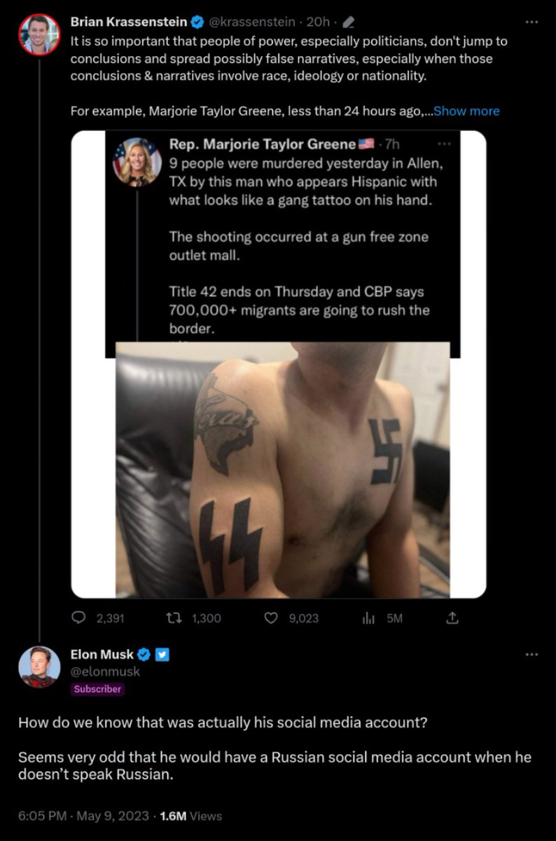 kasvismafioso's tweet photo. Some of #ElonMusk's comments on the #TexasMallMassacre. 🤯
#MarjorieTaylorGreene #MTG #IanMilesCheong #TexasShooting #AllenShooting #MassShooting #FarRight #RightWing #Nazi #NeoNazi #racism #fascism https://t.co/c9A6eKcVBd