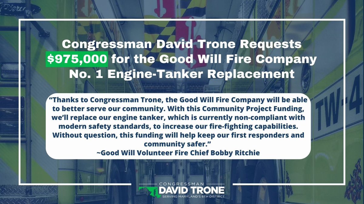 RepDavidTrone's tweet image. For me, it was a no-brainer to request $975,000 in #CommunityProjectFunding to help Good Will Fire Company receive a new engine tanker. Once this funding is secured, the new tanker will help keep our communities and first responders safe. That&apos;s the #1 priority — always.