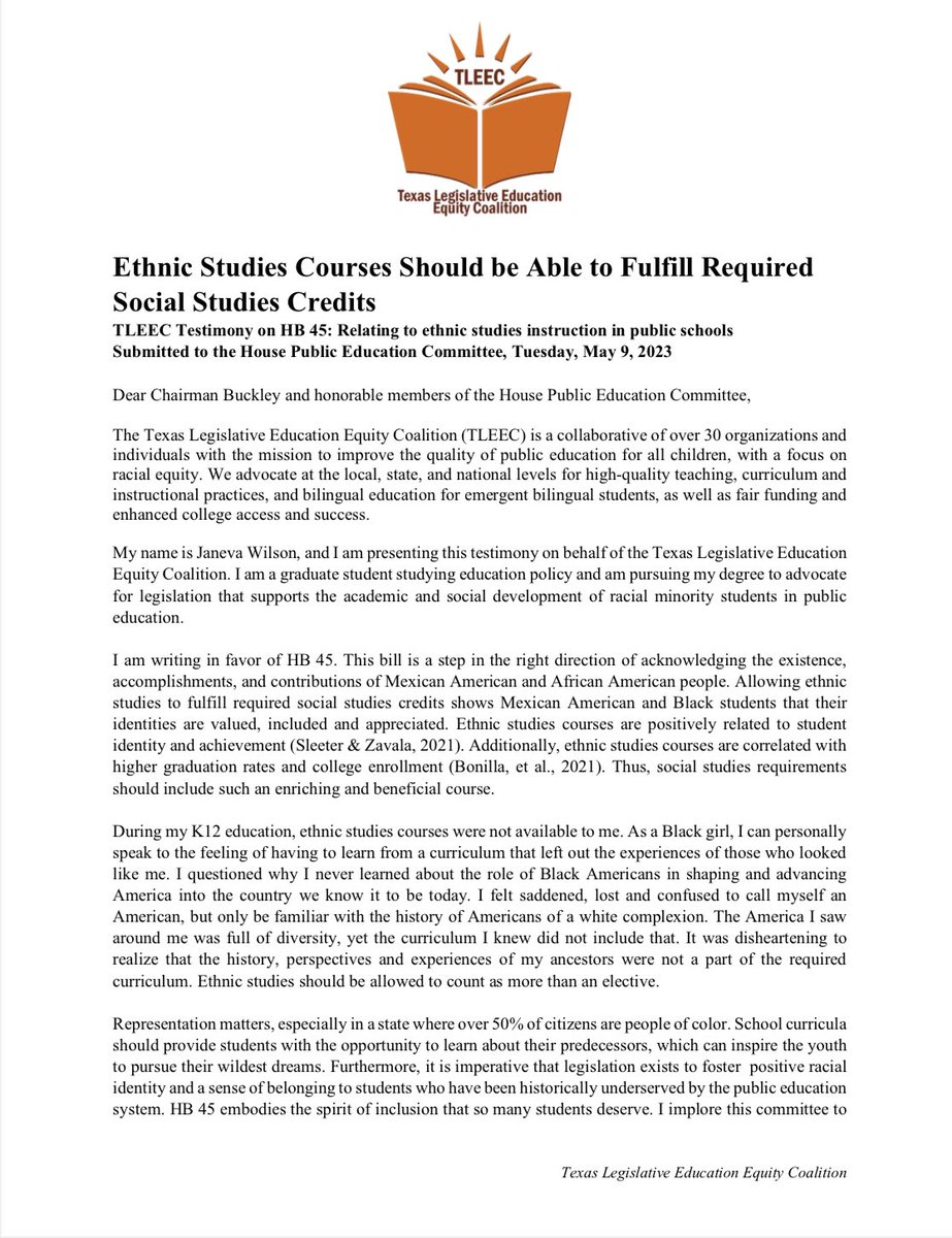 TxTLEEC's tweet photo. Today: We submitted testimony in support of #HB45, the ethnic studies bill that would require ethnic studies courses to be a part of K-12 social studies standards.
Read our full testimony, written by @utexascoe grad student Janeva Wilson: https://t.co/JO0DQQV2tH https://t.co/KEqKnL0iFb