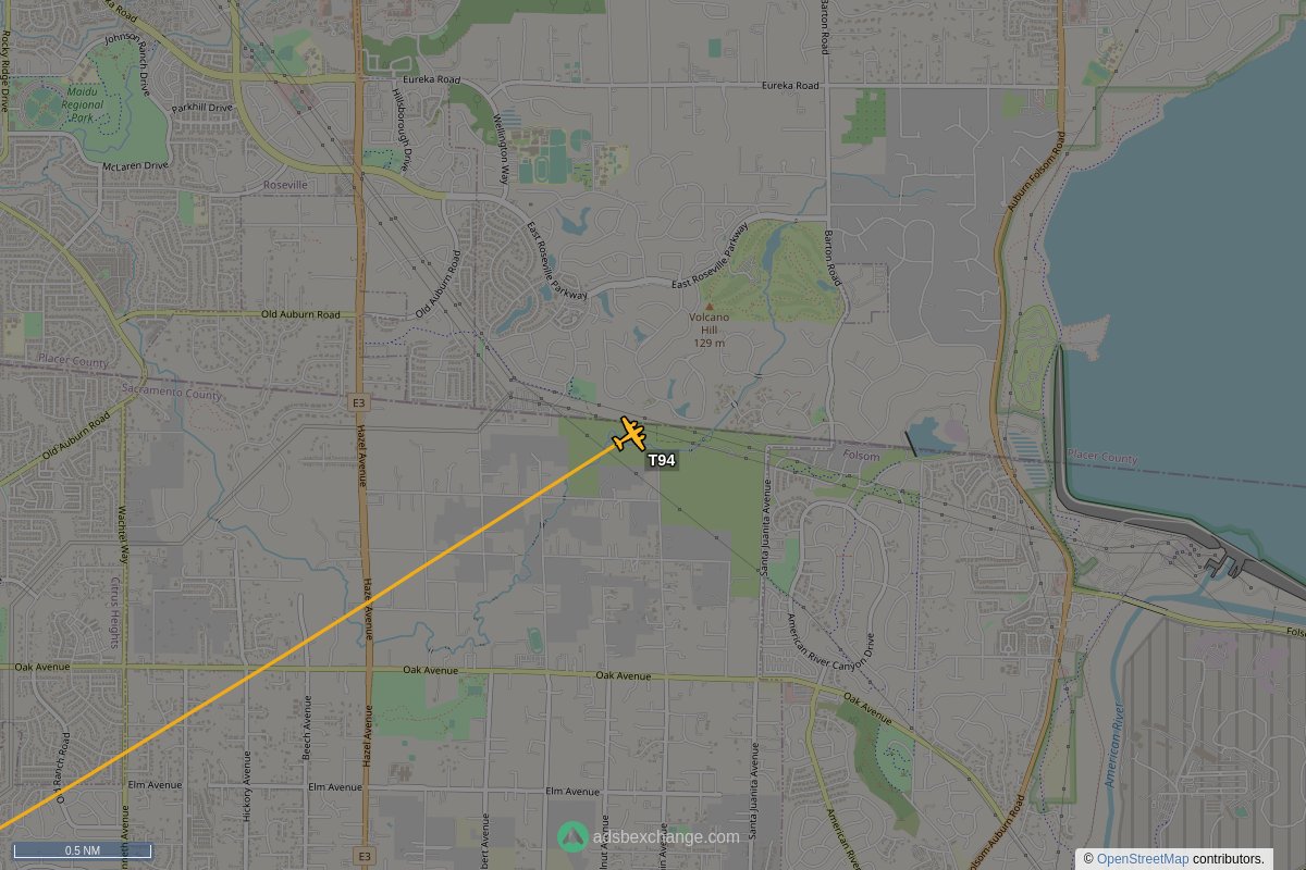 ffoverhead's tweet image. CalFire aircraft #N442DF callsign #T94 (a S2P) was seen near Orangevale, CA around 17:11 UTC squawking 1255 globe.adsbexchange.com/?icao=a5525c&amp;amp;z… #CalFire