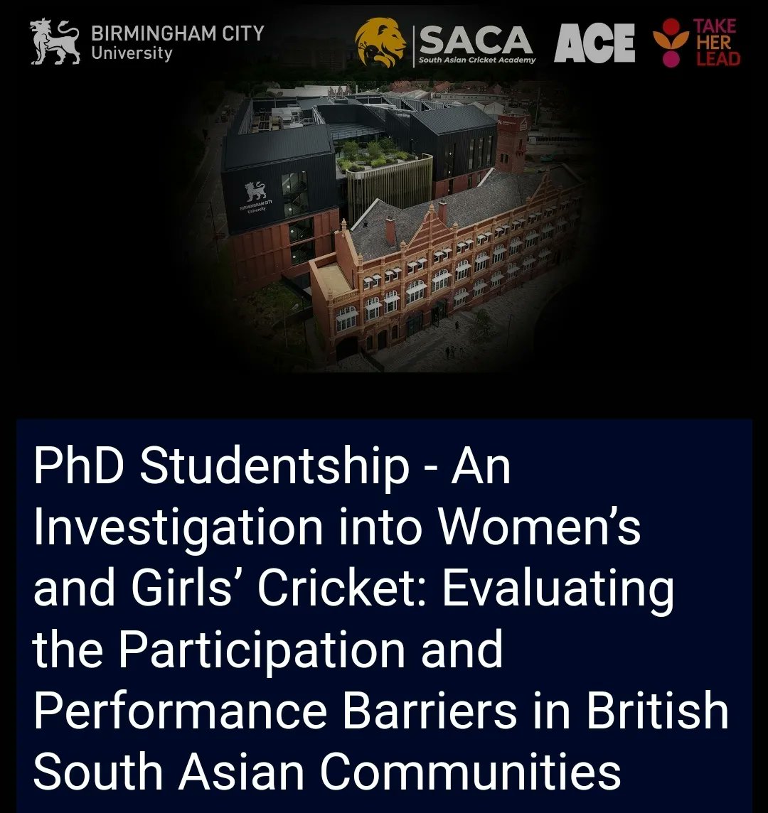 SACAUK's tweet photo. 🚨 2 fantastic opportunities to become a PhD researcher in cricket &amp; make an impact on the game.

Together with our Partners @AceProgramme @TakeHerLead @BCUHELS we have two fully funded PhD studentships! 

To for more info &amp; to apply follow the link below

https://t.co/9FU52ke0mw https://t.co/xZ7llagka6