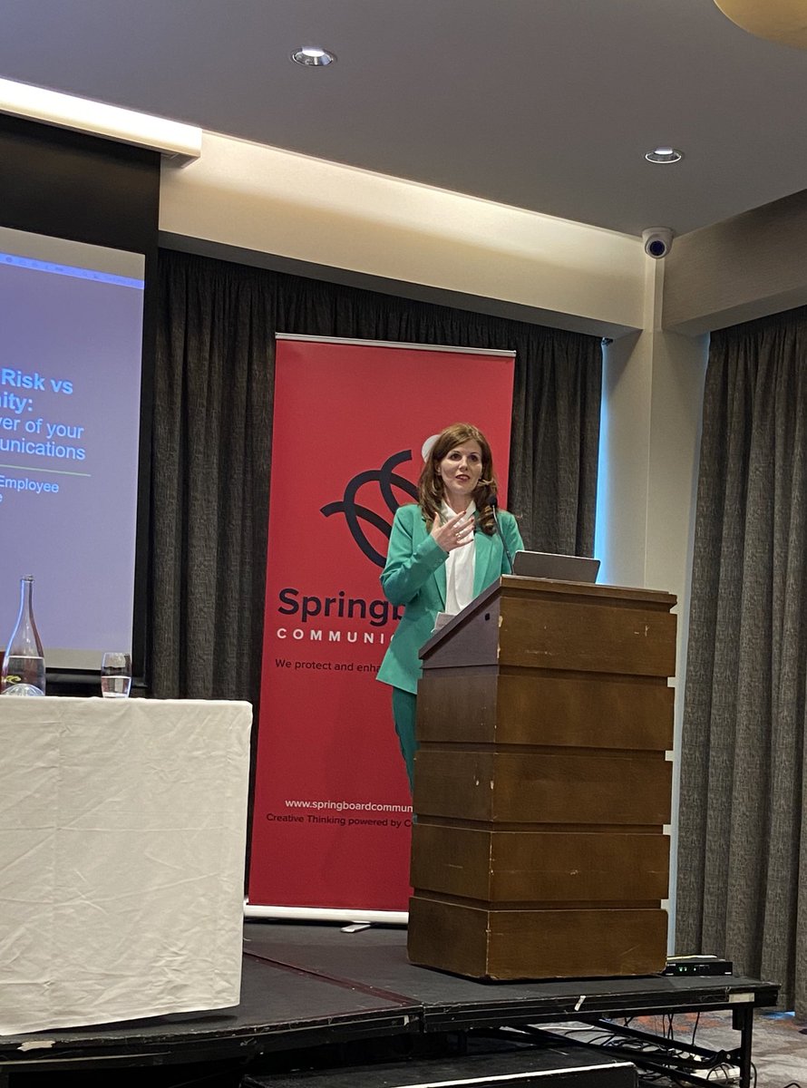 SpringboardCom's tweet photo. Miriam Manning, Director of Human Resources, @TELUSint Ireland has taken to the podium and is discussing the importance of the employee experience and the TELUS approach  to engaging internal teams. #SBReputation #InternalComms https://t.co/wWJGgADU9X
