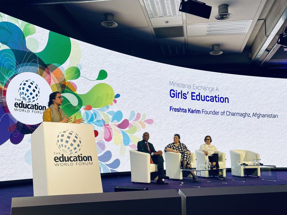 ‘We must create a balance between girls’ and boys’ education so that they can become allies to each other.’ @FreshtaKarim founder of @charmaghz Afghanistan speaking passionately at the @TheEWF session on girls’ education- listening with Ministers of education for 🇸🇸 and 🇷🇼 #EWF23