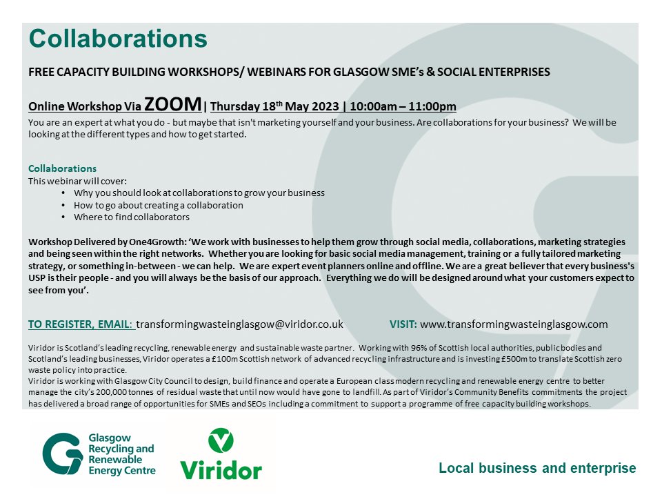 Viridor Glasgow (@viridor_glasgow) on Twitter photo SMEs & SEs we have 2 free business w/shops coming up from @BIPCGlasgow & <a href="/One4Growth/">One4Growth</a>. See pics for details. <a href="/SENScot/">SENScot</a> <a href="/BusinessGlasgow/">Business Glasgow</a> <a href="/GlasgowSEN/">Glasgow Social Enterprise Network</a> <a href="/sdpscotland/">Supplier Development Programme Scotland</a> <a href="/Firstport/">Firstport for Social Entrepreneurs</a> <a href="/CENSIS121/">CENSIS</a> <a href="/clydegateway/">Clyde Gateway</a> <a href="/EEConnections/">East End connections</a> <a href="/AppliedArtsScot/">AppliedArtsScotland</a> @CEISGroup <a href="/GlasgowCVS/">GCVS</a> <a href="/FSB_Scotland/">FSB Scotland</a> @2RagstoRiches2 SMEs & SEs we have 2 free business w/shops coming up from @BIPCGlasgow & <a href="/One4Growth/">One4Growth</a>. See pics for details. <a href="/SENScot/">SENScot</a> <a href="/BusinessGlasgow/">Business Glasgow</a> <a href="/GlasgowSEN/">Glasgow Social Enterprise Network</a> <a href="/sdpscotland/">Supplier Development Programme Scotland</a> <a href="/Firstport/">Firstport for Social Entrepreneurs</a> <a href="/CENSIS121/">CENSIS</a> <a href="/clydegateway/">Clyde Gateway</a> <a href="/EEConnections/">East End connections</a> <a href="/AppliedArtsScot/">AppliedArtsScotland</a> @CEISGroup <a href="/GlasgowCVS/">GCVS</a> <a href="/FSB_Scotland/">FSB Scotland</a> @2RagstoRiches2