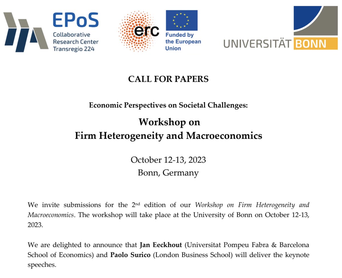 ⭐️ Call for the 2nd edition of "Firm Heterogeneity &amp; Macro" is out!  Bonn Oct 12-13, 2023, Deadline: Jun 15!
Keynotes: <a href="/jan_eeckhout/">Jan Eeckhout</a> and Paolo Surico

tinyurl.com/m5zthf7c

Co-organizers: <a href="/MatthiasMeier1/">Matthias Meier</a> <a href="/isaacbaley/">Isaac Baley</a> <a href="/JoachimJungherr/">Joachim Jungherr</a> 
#EconTwitter