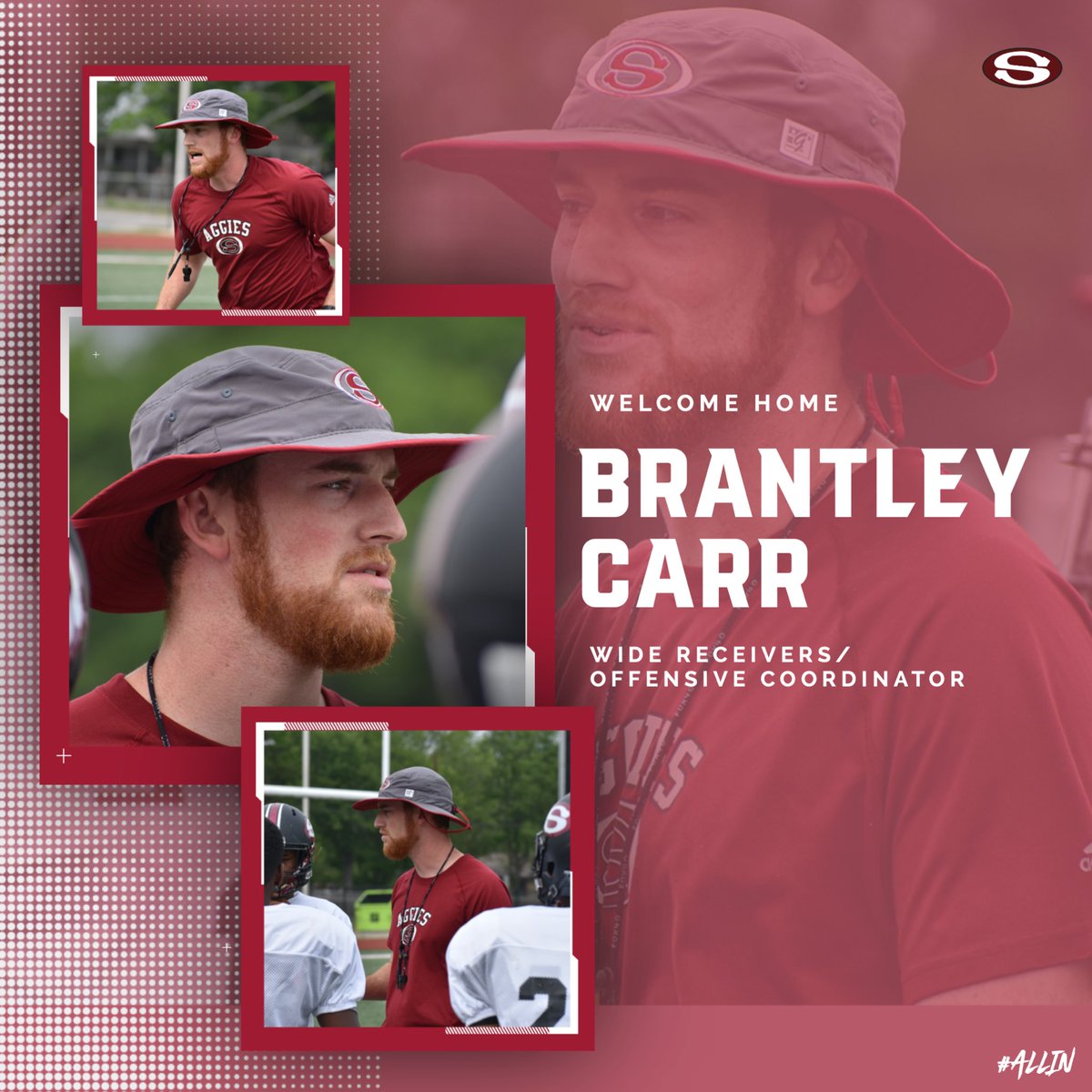 Welcome home Coach Carr! Brantley Carr will coach wide receivers while doubling at the Aggies’ offensive coordinator. Carr graduated from Sylacauga in 2011 and played wide receiver at Huntington. Most recently Coach Carr has coached at Childersburg before coming to SHS. #ALLIN
