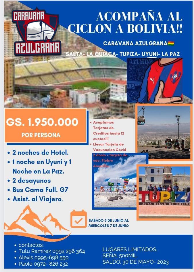 Con <a href="/CaravanaAzulgr1/">hack</a> acompaña al Ciclón en La Paz!
Pero antes una Super gira... Salta- La Quiaca - Tupiza - Uyuni - La Paz
Inolvidable!!!
Aquí los detalles 👇🏻🔵🔴💪🏻🇵🇾