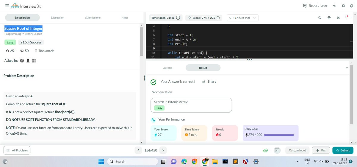 RVedashree1's tweet photo. Hello All, I have completed #Day009 of #365DaysofCode Challenge with @scaler . Today I solved the question- Square Root of Integer discord community link: https://t.co/7ZTJwvvzao #scalerdiscord #codewithscaler https://t.co/bWhTBO10aH