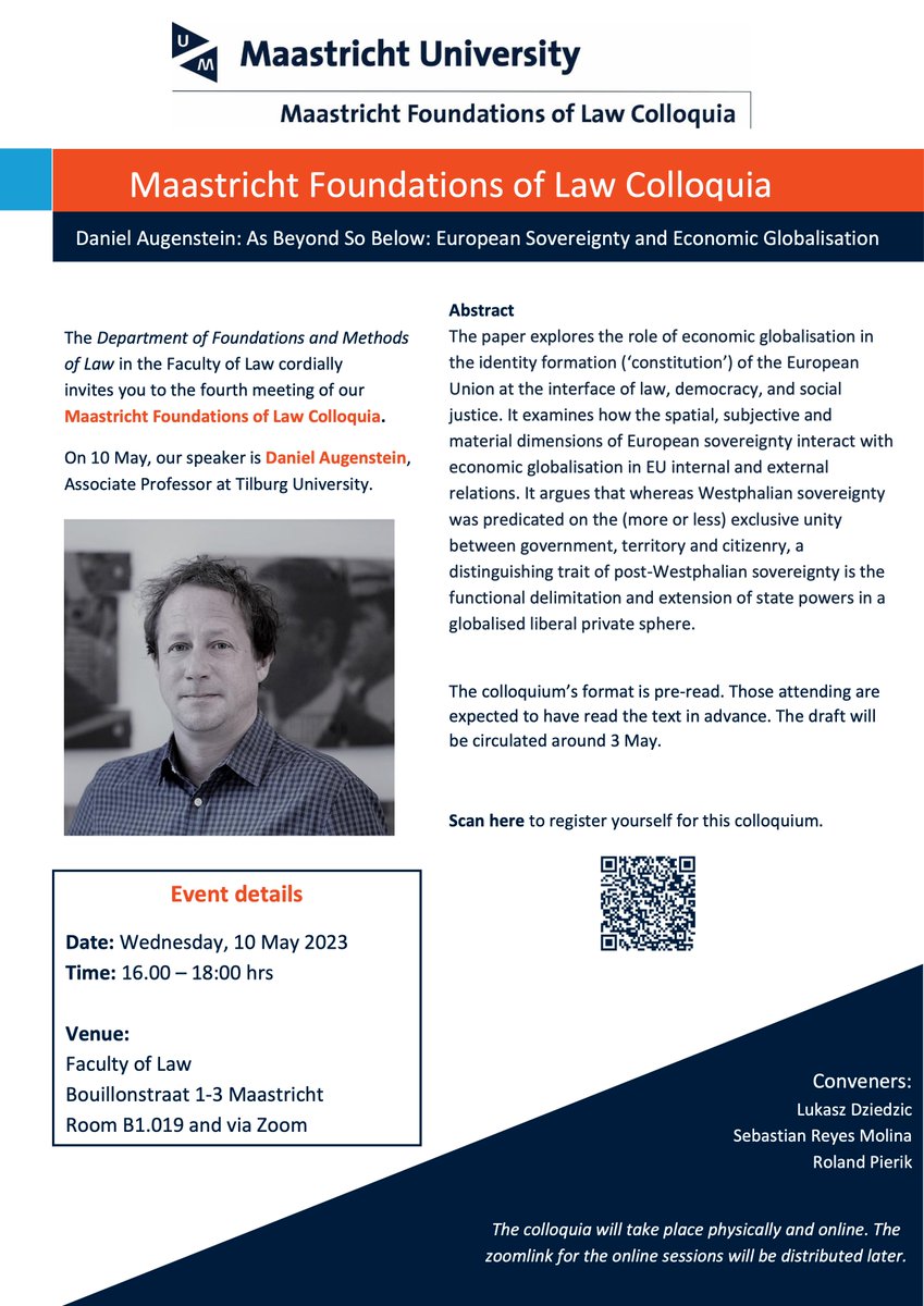 Tomorrow 10 May 16-18hr: <a href="/UM_Foundations/">Maastricht Foundations of Law</a>, <a href="/lawinmaastricht/">Law in Maastricht</a>: Daniel Augenstein (Tilburg): As Beyond So Below: European Sovereignty and Economic Globalisation, onsite and online, register here: aanmelder.nl/142826/subscri….