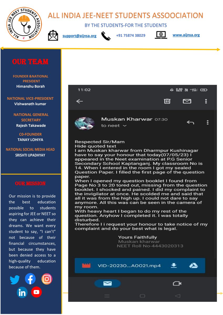 AIJNSA_official's tweet photo. "Just heard about Muskan Kharwar's NEET-UG exam ordeal. Pages 3-20 of her question paper were torn out, and her complaints to the invigilator were ignored. This is unacceptable! @DG_NTA, please investigate and ensure a fair chance for Muskan. #NEETUG2NDATTEMPT @ShikshaDotCom https://t.co/KVYzaqoSXl