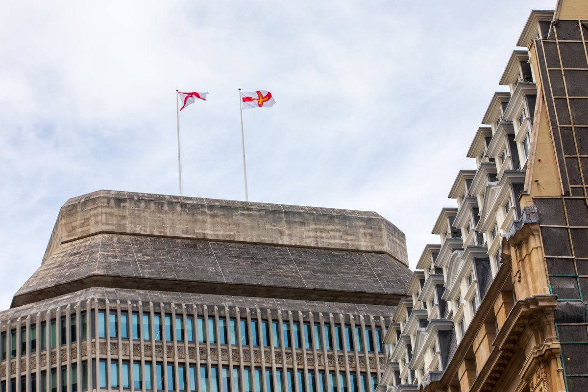 Today, we’re flying the flags of Jersey &amp; Guernsey above MoJ HQ to mark Liberation Day. 

This commemorates the anniversary of the end of the Nazi occupation of the islands during WWII and celebrates the special relationship between the UK and the islands.