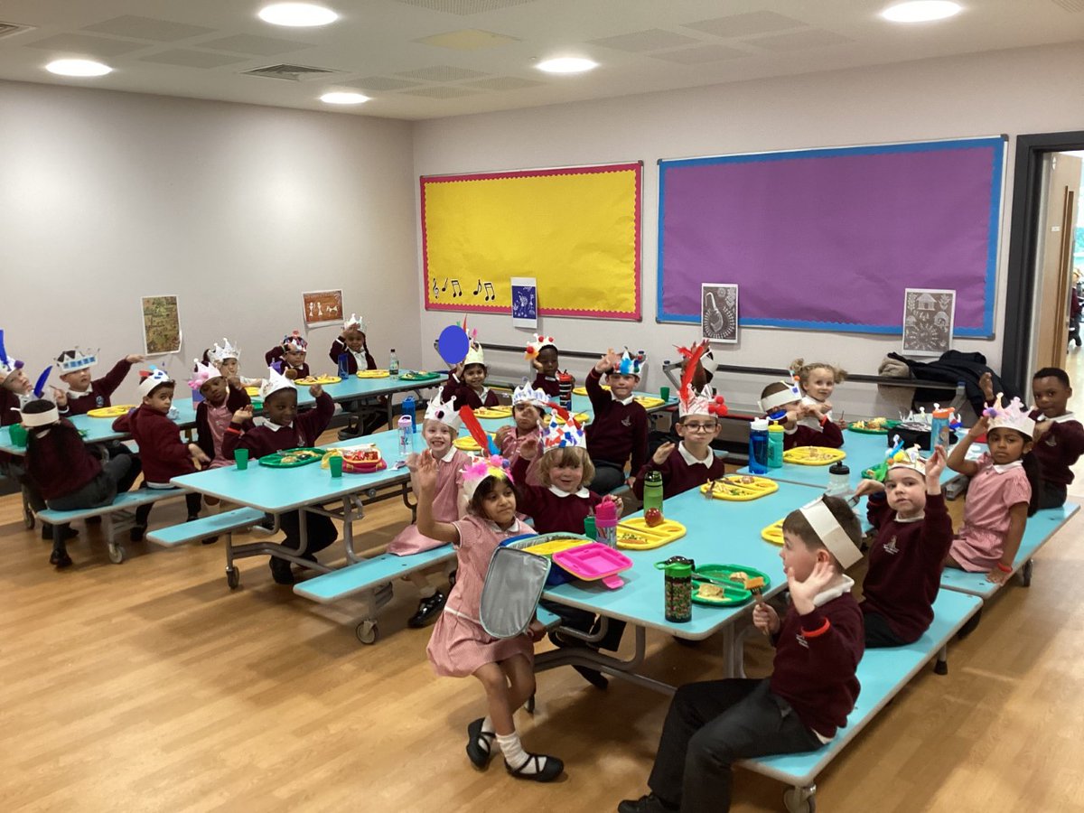 KHPschool's tweet photo. On Friday, we celebrated the upcoming Coronation weekend by wearing our wonderful crowns to lunch. We practised our royal waves and enjoyed some music as we ate. https://t.co/jnNmtA73Hq