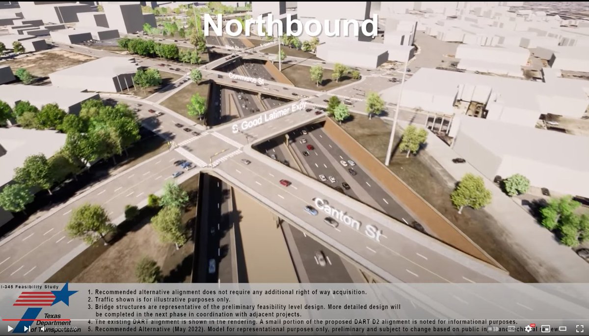 robbysalz's tweet photo. @Johnyalamo @CityOfDallas @TxDOTDallas TXDOTs entire premise on the "hybrid" solution falls apart at one glance of their CGI video—all cars, not a single pedestrian or bicyclist or even buses in sight. 

Look at Ross Ave! You can't build a community or development there. This isn't a compromise—it's a loss. https://t.co/iXGFcFOJ6S