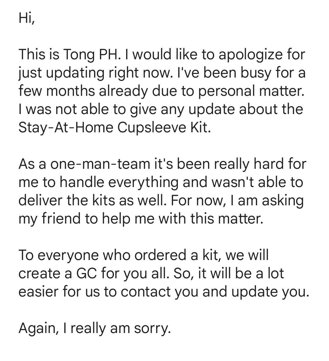 Tongthkph's tweet photo. STATEMENT ABOUT THE STAY-AT-HOME CUPSLEEVE KIT
by TongPH

Please take time to read this apology letter for all the concerns. Rest assured we will take action about this immediately. Sorry for the inconvenience.

(All kits are ready and we will update each one of you thru the GDM) https://t.co/KRsZckqRYV