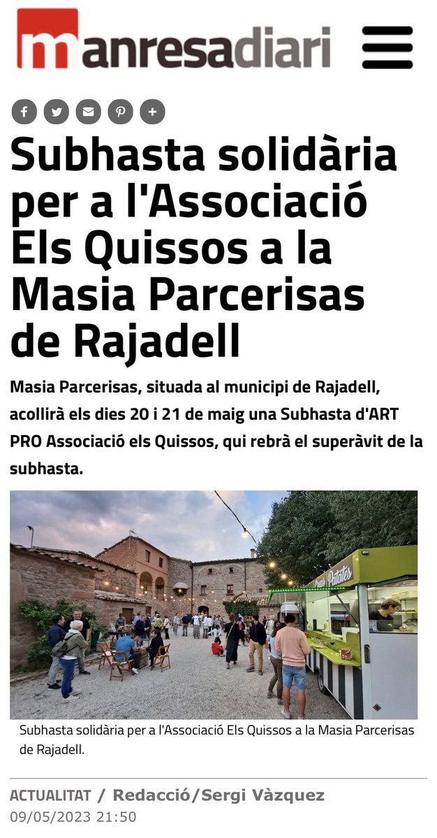 masiaparcerisas's tweet photo. Els dies 20 i 21 t’esperem a la subhasta solidària de @elsquissos!! I food truck amb menjar i begudes tot el cap de setmana. Més informació a https://t.co/JboV9kD8BF https://t.co/jPIJjCpyys
