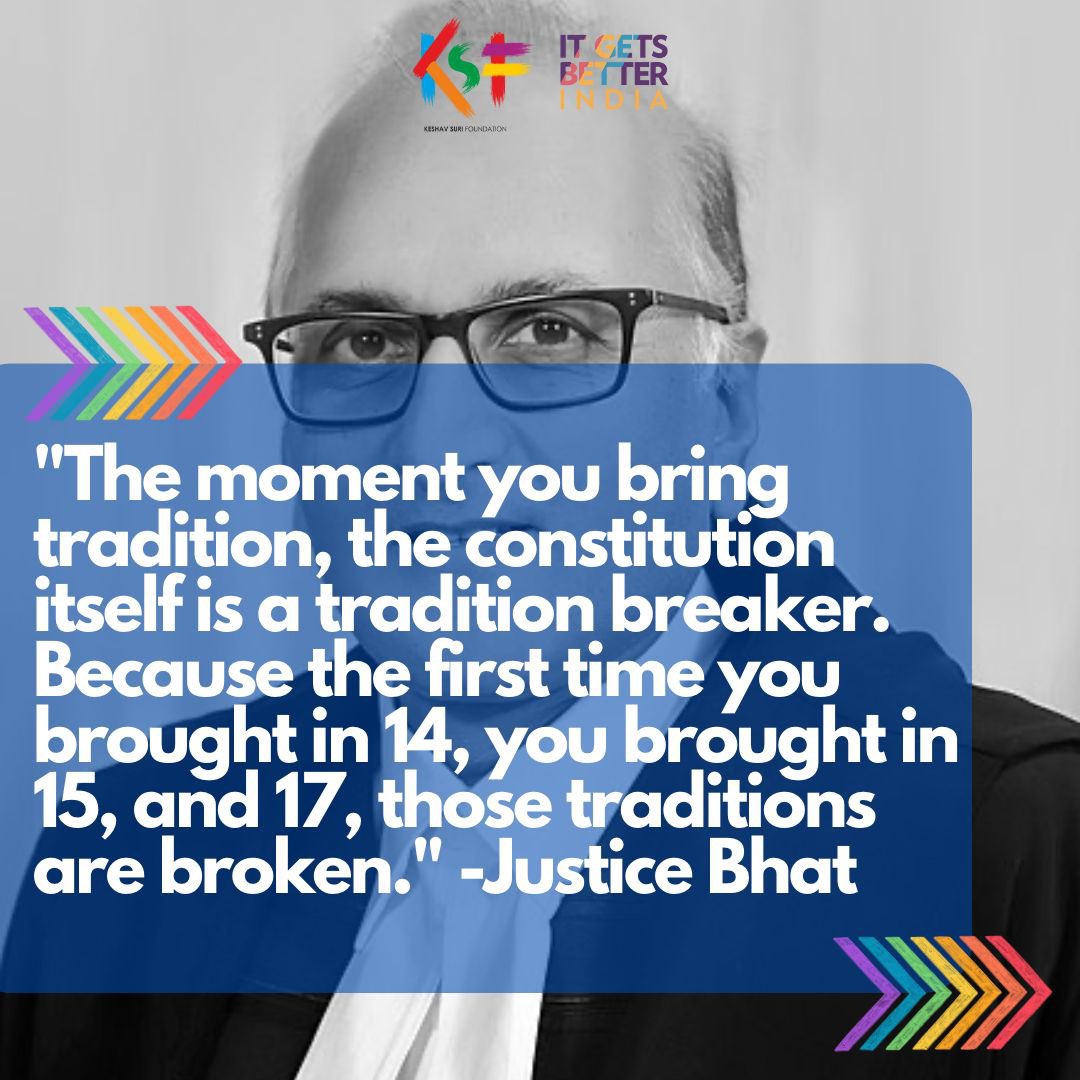 KSF_IN's tweet photo. Hon'ble Justice Bhat made some very apt points on how the #Constitution is a tradition-breaker in some ways, especially when it comes to social behaviors like untouchability, and how concepts evolve over time.
Content credits: @LiveLawIndia 
#lgbtqia #MarriageEquality https://t.co/5uo5QKLsKS
