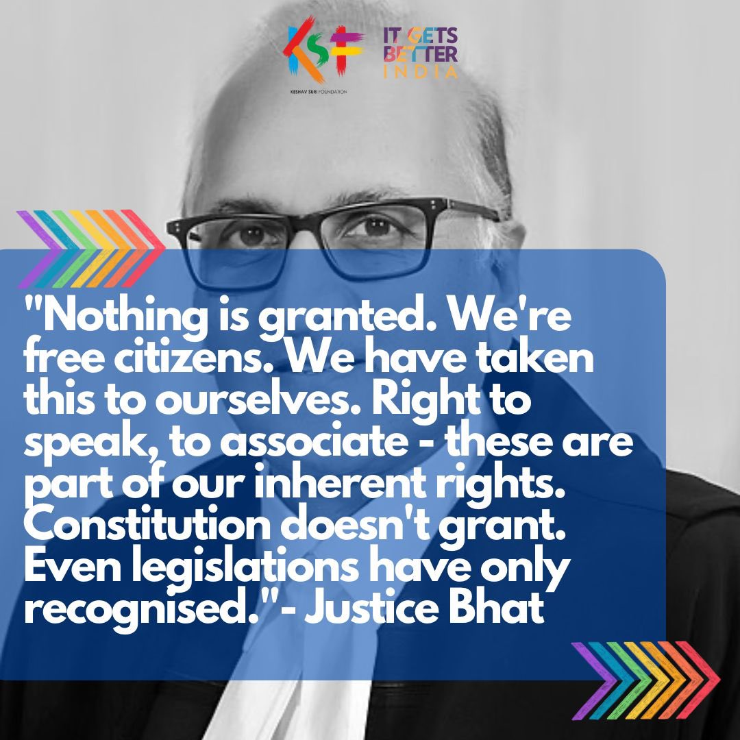 KSF_IN's tweet photo. Hon'ble Justice Bhat made some very apt points on how the #Constitution is a tradition-breaker in some ways, especially when it comes to social behaviors like untouchability, and how concepts evolve over time.
Content credits: @LiveLawIndia 
#lgbtqia #MarriageEquality https://t.co/5uo5QKLsKS