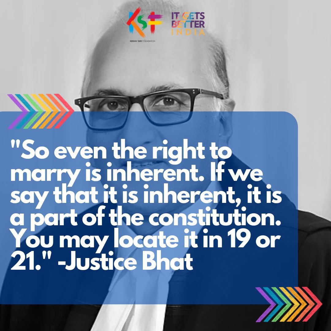 KSF_IN's tweet photo. Hon'ble Justice Bhat made some very apt points on how the #Constitution is a tradition-breaker in some ways, especially when it comes to social behaviors like untouchability, and how concepts evolve over time.
Content credits: @LiveLawIndia 
#lgbtqia #MarriageEquality https://t.co/5uo5QKLsKS