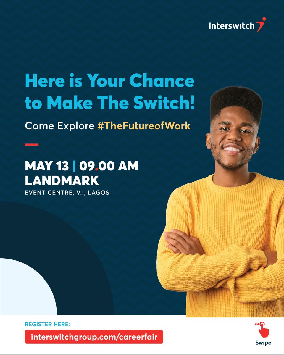 InterswitchGRP's tweet photo. We’re too stoked! The biggest tech career fair is almost here!

If you’ve been wondering how to #MakeTheSwitch be sure to visit the booths and speak to #TheGoodPeopleOfTheSwitch. They’ll be more than happy to speak with you about available opportunities at #TheSwitch. https://t.co/02bLz2R1aV