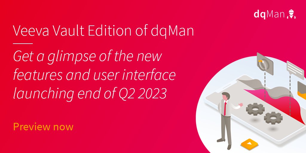 dqMan (@fme_dqman) on Twitter photo Get ready for the new #dqMan edition to administer #VeevaVault applications, launching end of Q2 2023. Sneak a peek at the amazing new #features and interface: hubs.li/Q01P5RBg0
<a href="/veevasystems/">Veeva Systems</a> Get ready for the new #dqMan edition to administer #VeevaVault applications, launching end of Q2 2023. Sneak a peek at the amazing new #features and interface: hubs.li/Q01P5RBg0
<a href="/veevasystems/">Veeva Systems</a>