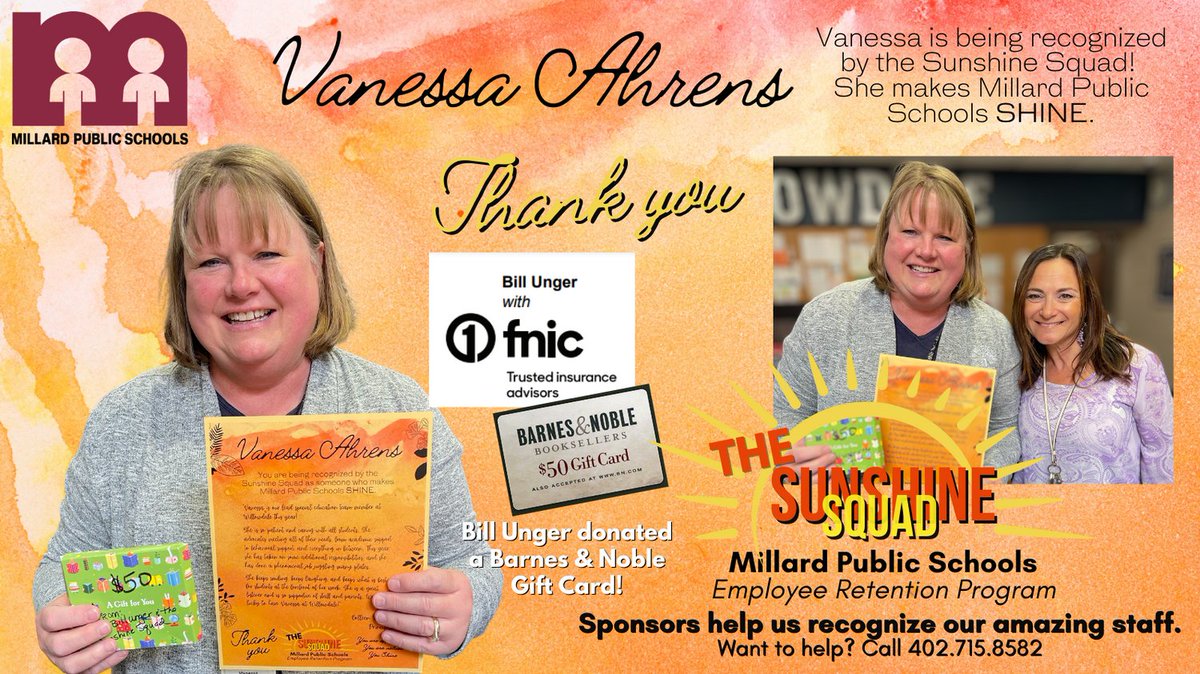 MPS Human Resources (@mpshr) on Twitter photo The Sunshine Squad awarded Vanessa a $50 Barnes & Noble Gift Card donated by Bill Unger! Vanessa is so patient and caring with all students. We are so lucky to have Vanessa at Willowdale! #SHINEwithMPS #Proud2bMPS <a href="/MPS_Willowdale/">WillowdaleElementary</a> @WillowdaleWildcats The Sunshine Squad awarded Vanessa a $50 Barnes & Noble Gift Card donated by Bill Unger! Vanessa is so patient and caring with all students. We are so lucky to have Vanessa at Willowdale! #SHINEwithMPS #Proud2bMPS <a href="/MPS_Willowdale/">WillowdaleElementary</a> @WillowdaleWildcats