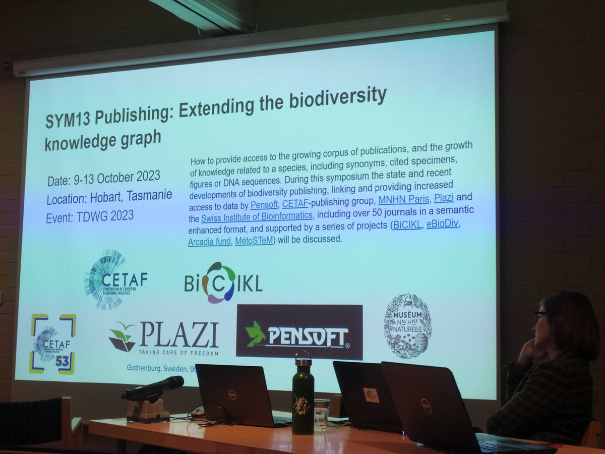 Pensoft's tweet photo. 🧐Sneak peek into the upcoming #scholarlypublishing symposium at #TDWG2023 by @laubenichou at #CETAF53!
Together with @eurotaxonomy, @Le_Museum, @plazi_ch &amp; @ISBSIB, we'll be presentig updates on matters concerning #biodiversity #publishing, linking &amp; #data access. #BiCIKL_H2020 https://t.co/8VqNMITwmN
