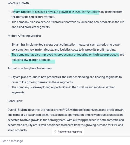 Stylam Industries gave a good breakout today

How do you quickly know whether there are any fundamental triggers?

Ask ChatGPT:
📸  Good huh!!

FY23 results #GoodGrowth
150cr & 40cr capex

Rev guidance ⬆️20% in FY24
Improvement in Margins

Filter criteria met, #deepdive begins