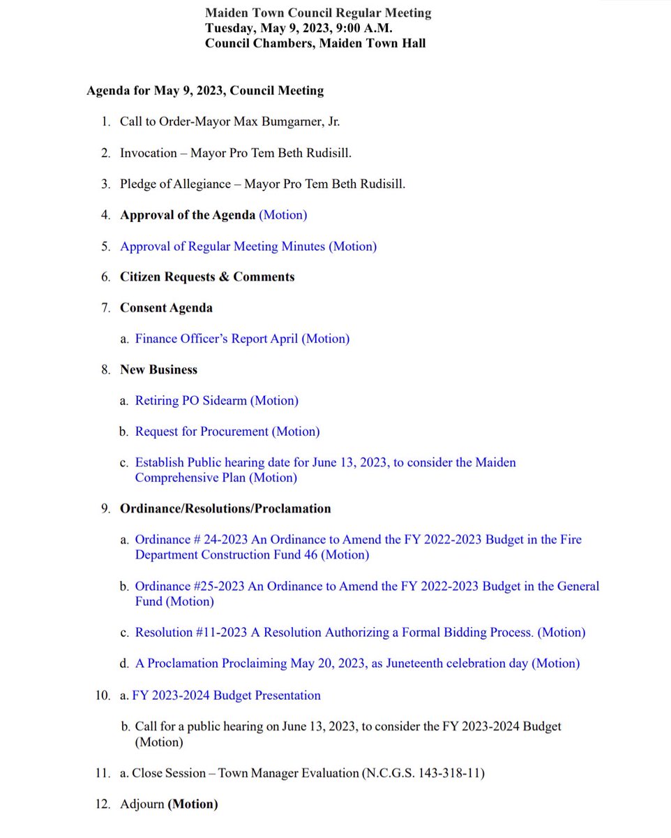 TownofMaiden's tweet photo. Agenda for this mornings council meeting. https://t.co/fKbRGyVHAe