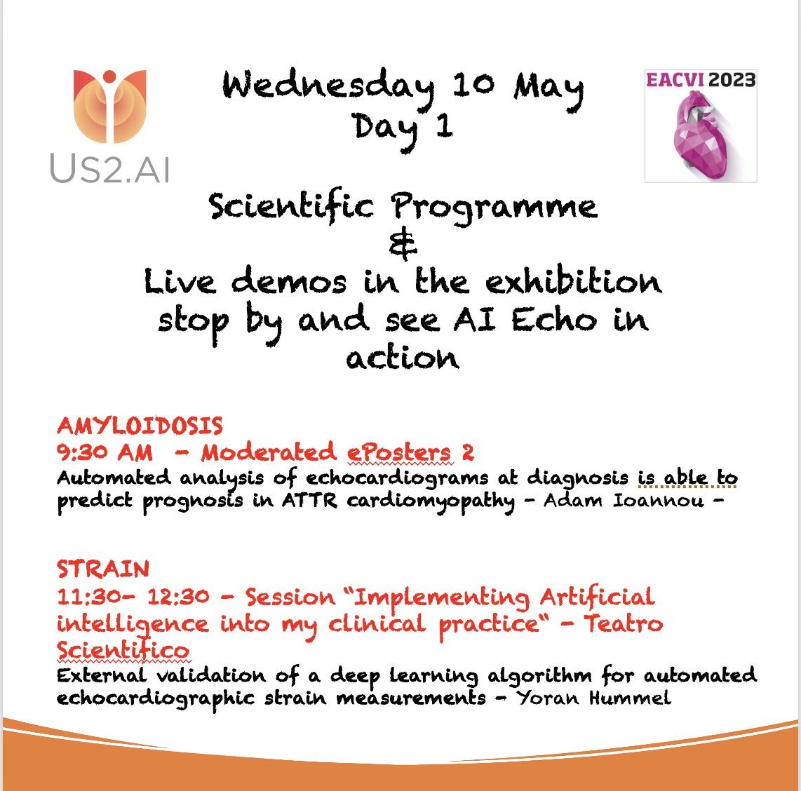 # Us2.AI   #EACVI2023   
Off to a strong start on Day 1 🚀🚀🚀🚀🚀🚀..  
(and more to come  on Day 2 ) ....Full programme here - us2.ai/ai-echo-on-sta…

#AI #Echocardiography #Science #Us2_ai