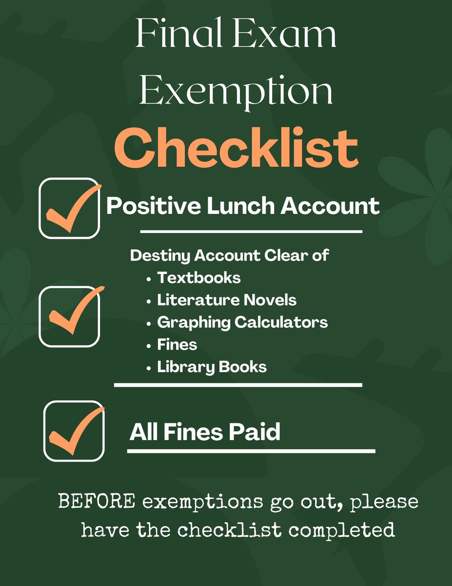 Exemptions will be handed out this week!  Please make sure you have all the items checked off this list prior to exemptions.
greenbrierhs.ccboe.net/apps/news/arti…