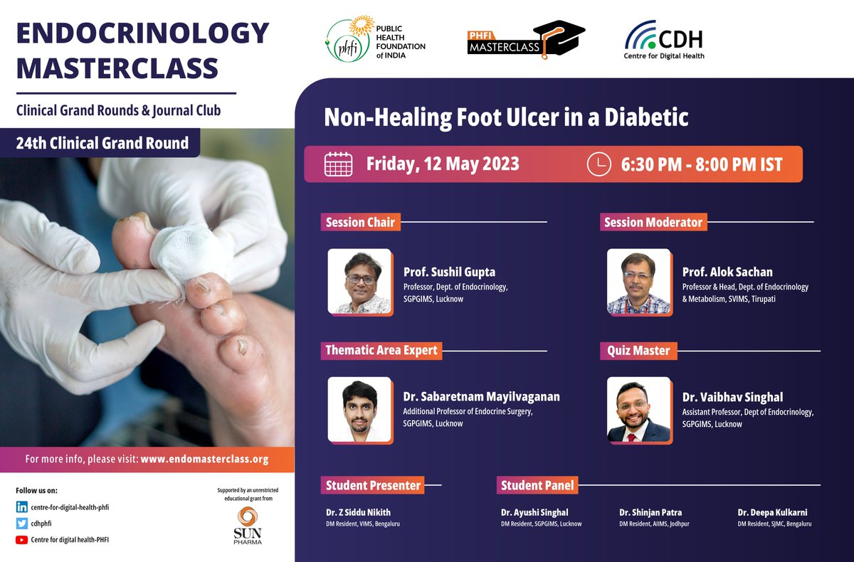 cdhphfi's tweet photo. (1/2) Foot ulcers are a major complication of #diabetes.

#Live Watch as India's top experts discuss how to identify and treat "Non-healing foot ulcers in a diabetic" at the 24th Clinical Grand Round of the PHFI's #Endocrinology Masterclass.

Link to join: https://t.co/fmpSoOe2wi https://t.co/aBBrNHeAox
