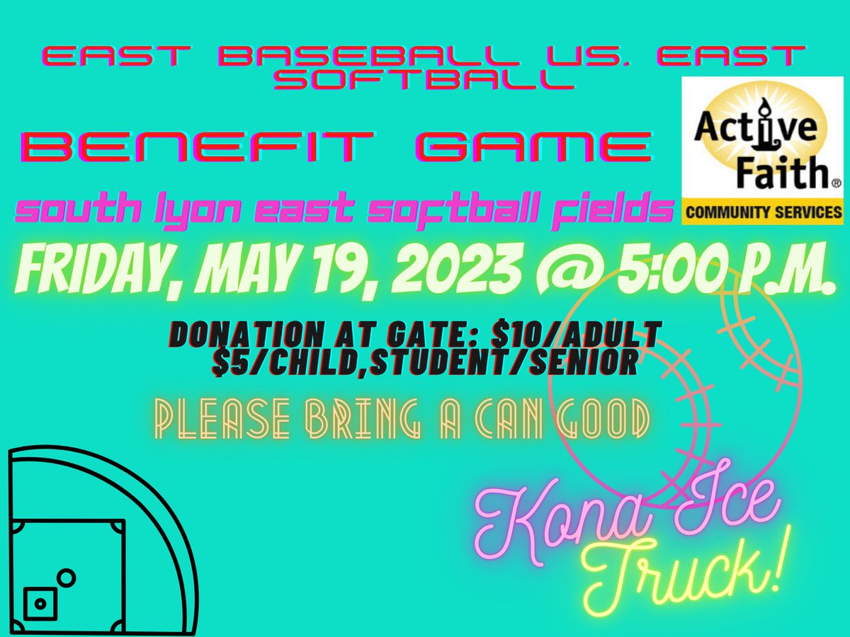 SAVE THE DATE!!  Our annual East Softball vs East Baseball benefit game.  All profits will go toward Active Faith. 

Friday, May 19, 2023
5:00 pm
SLE Softball fields
Kona Ice

#BeEast <a href="/BeEast_Baseball/">South Lyon East Baseball</a> <a href="/BeEast_Cougars/">South Lyon East Athletic Department</a>