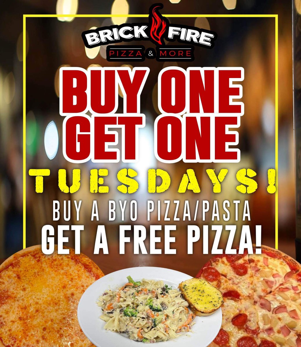 brickfirergv's tweet photo. BOGO Free pizzas all day every Tuesday. https://t.co/PXov4Wwfd1
