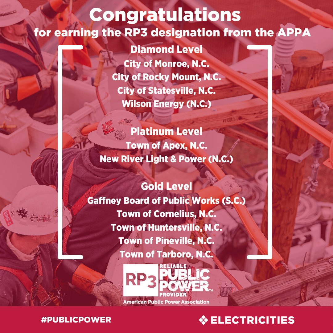 #Congrats to 11 of our member utilities for earning the RP3 designation from @publicpowerorg! ⚡
The designation recognizes #PublicPower utilities that demonstrate proficiency in reliability, safety, workforce development, & system improvement.
Learn more:
bit.ly/44rLFSA