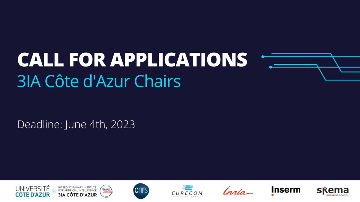 [📢Call for applications] In the perspective of the 3IA Côte d’Azur’s renewal, the 3IA Côte d'Azur is launching its third call for applications for 3IA Chairs. ↪️3ia.univ-cotedazur.eu/about/apply/ca… @Univ_CotedAzur @CNRS_DR20 @EURECOM @inria_sophia @Insermpacacorse @SKEMA_BS