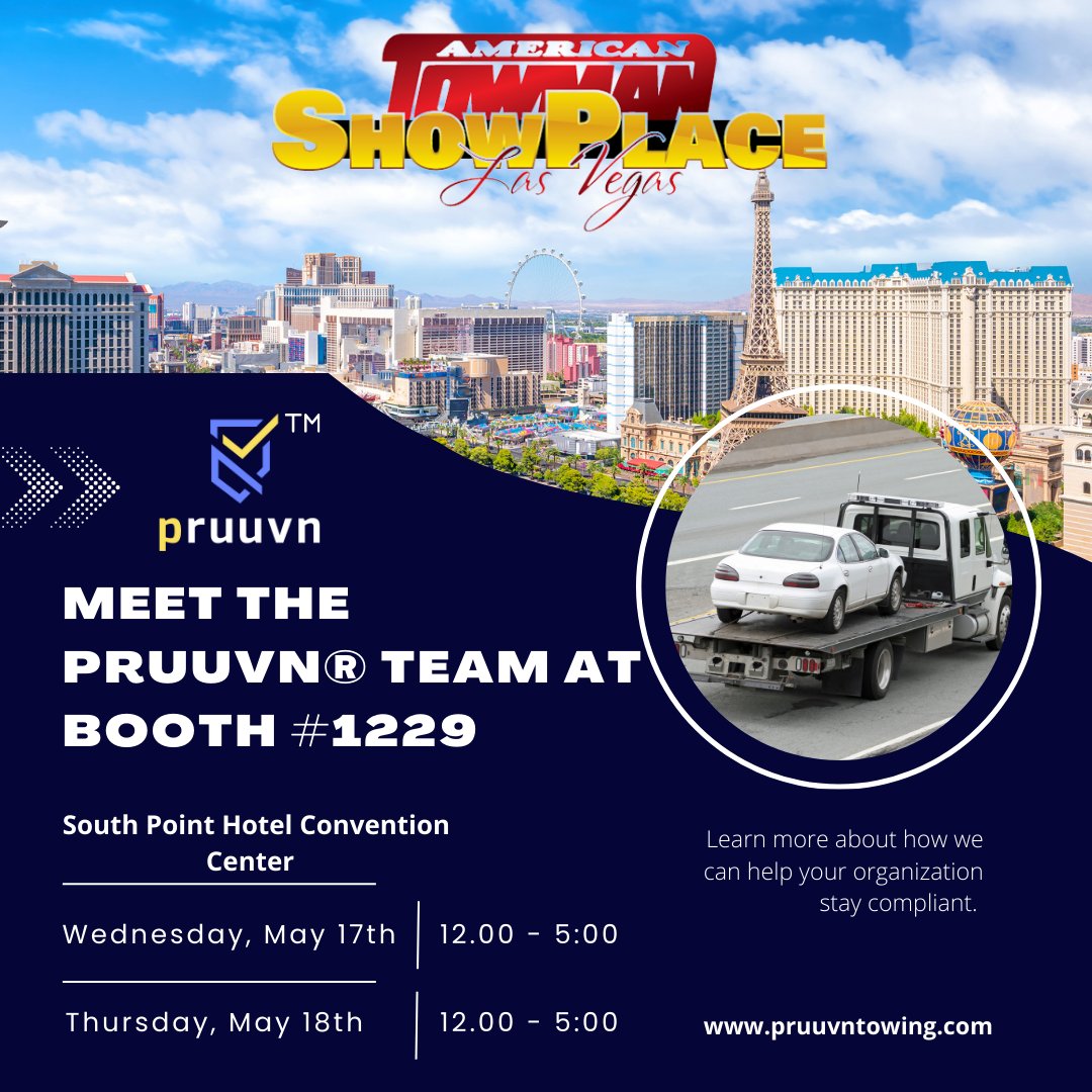 pruuvn's tweet photo. @Pruuvn will be attending the American Towmans conference in Las Vegas again this year! Come visit our booth and learn more about our company and the services we offer. See you there! #ATExpo2023 #TowandRecovery #LasVegasBound #pruuvn #compliance https://t.co/KRcbTeXiJd