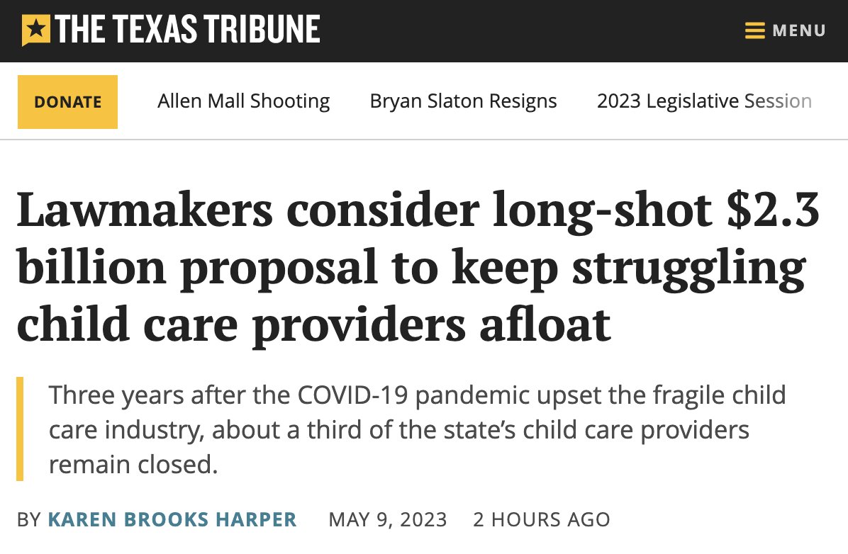 Last chance for this Legislature to help Texas parents who can't find the affordable, high-quality child care they need so they can go to work.

texastribune.org/2023/05/09/tex… #TXlege