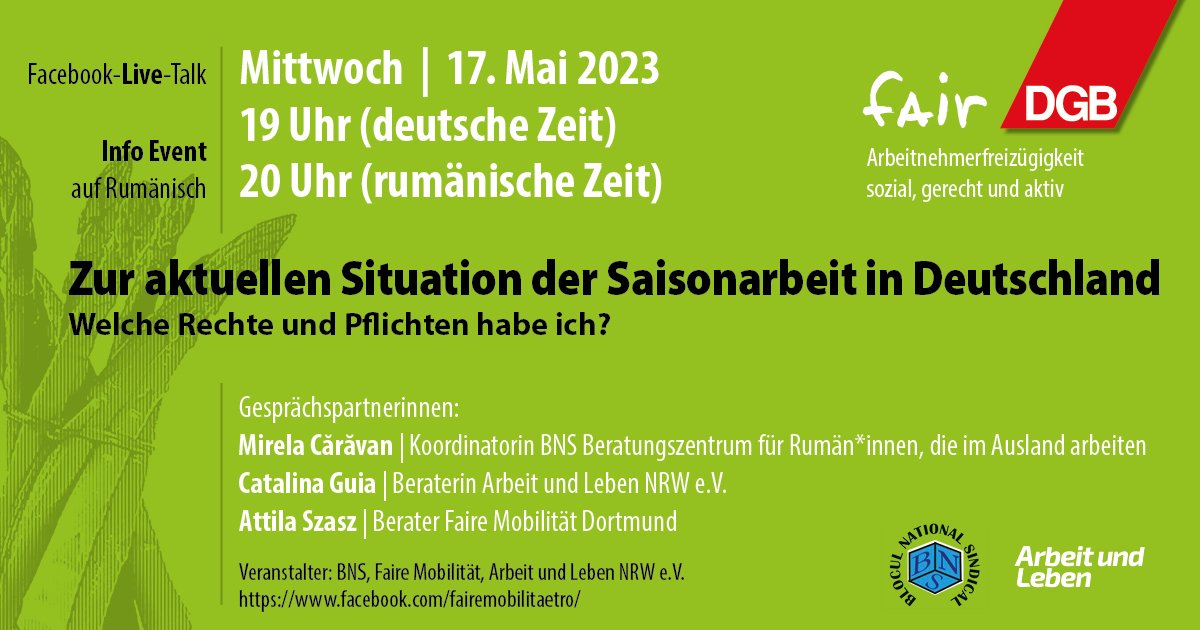 Welche Lohnansprüche habe ich bei der #Saisonarbeit in Deutschland? Was darf mir für die Unterkunft abgezogen werden? Darf der Arbeitgeber mir von heute auf morgen kündigen? Zusammen mit der rumänischen Gewerkschaft #BNS informieren wir am 17.5. auf rumänisch über facebook live.