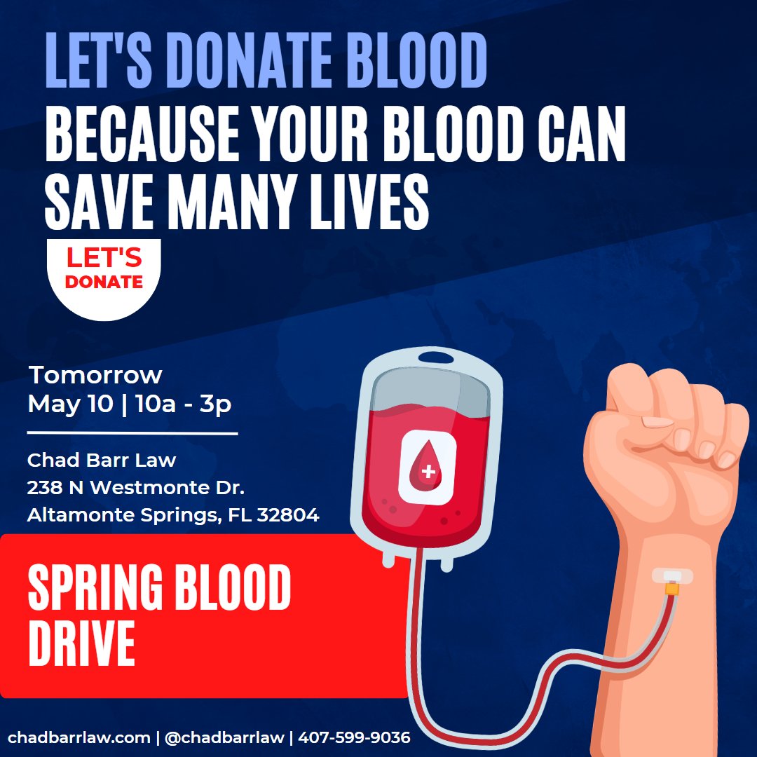 ChadBarrLaw's tweet photo. Join Us Tomorrow!!! 

for our Spring Blood Drive. The OneBlood Big Red Bus will be in our parking lot to gather your donations and give back to our community. 

You'll get a free health check, a OneBlood shirt, and a $20 gift card. Sign up today!

https://t.co/PA0ueYBxex https://t.co/lv9elPj6kU