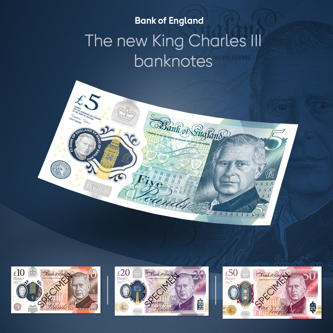 bankofengland's tweet image. Congratulations to His Majesty King Charles III for his Coronation. The King’s portrait will appear on all four of our polymer banknotes. Find out more about banknotes featuring King Charles III here: b-o-e.uk/41kwdVi