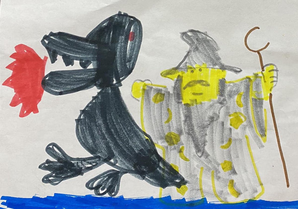 mrdavidrowe's tweet photo. I have a 5-year old who draws me epic pictures. Would recommend. Not sure why the Balrog is a fire-breathing duck, but whatever. https://t.co/f734R3goD7