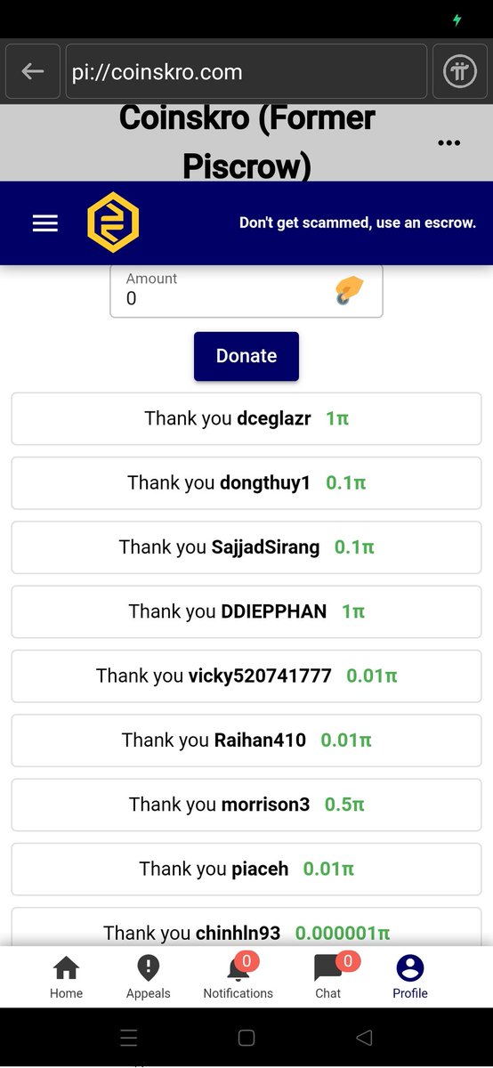 amchethan5656's tweet photo. See how many pioneers donated pi to coinskro devoloppers nobody sent pi more than 1pi because every pioneers know the value of pi #valueyourpi #PiNetwork @Coinskroteam https://t.co/gErHcnG5R3