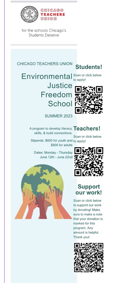 RogueChieftan's tweet photo. Apply, share, &amp; donate!

We’re excited to announce the launch of the Environmental Justice Freedom School this summer! Join us to develop EJ &amp; CJ literacy, organizing skills, &amp; relationships to help build school-based climate action plans @jacksonpCTU @QaziLampert @CTULocal1 🔥✊🏿 https://t.co/E65fCSoJnL