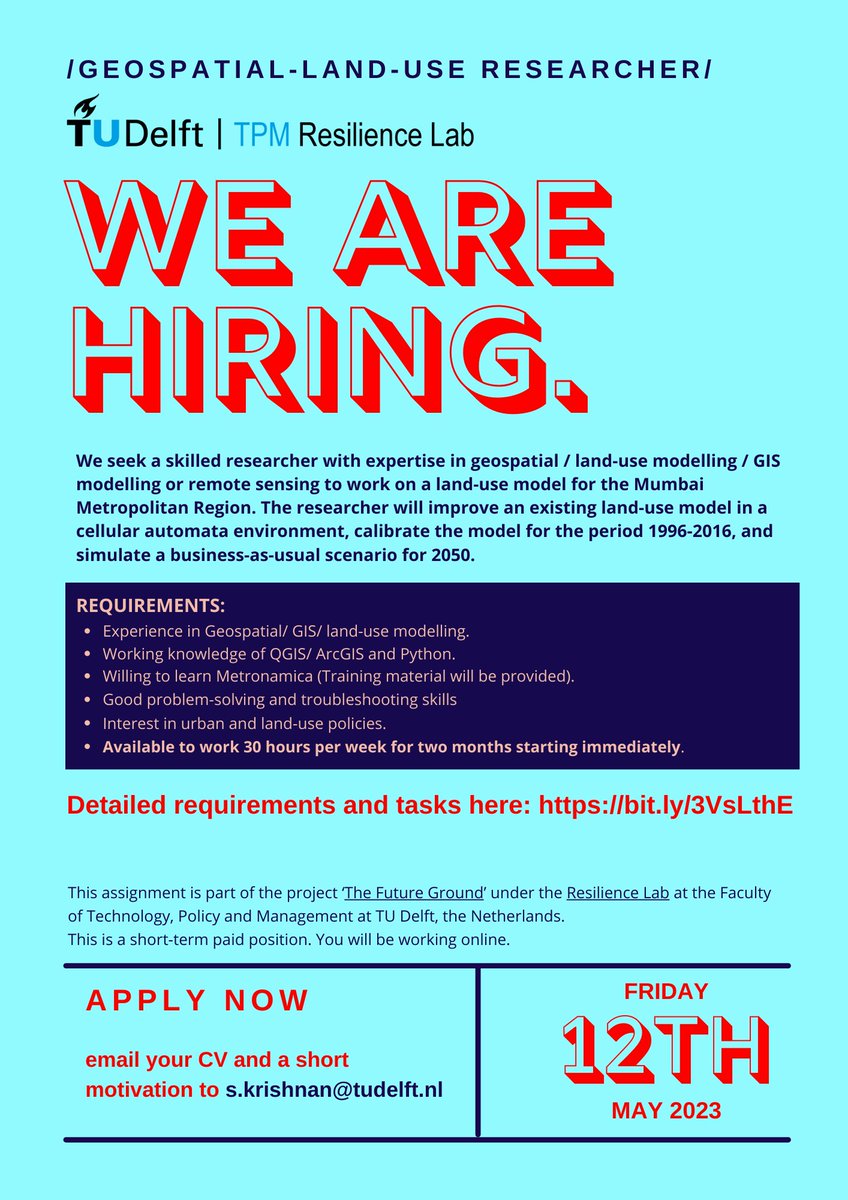 Supriya Krishnan (@supriyaarkr09) on Twitter photo 3 days to apply!
#Vacancy #Researcher #Resilience Lab. If you're passionate about #geospatial methods and urban growth policies 🚀 and want to gain experience in a #research setting, let us know by May 12!
<a href="/tudelftglobal/">TU Delft | Global Initiative</a> @tudelftTBM
Details here: bit.ly/3VsLthE 3 days to apply!
#Vacancy #Researcher #Resilience Lab. If you're passionate about #geospatial methods and urban growth policies 🚀 and want to gain experience in a #research setting, let us know by May 12!
<a href="/tudelftglobal/">TU Delft | Global Initiative</a> @tudelftTBM
Details here: bit.ly/3VsLthE