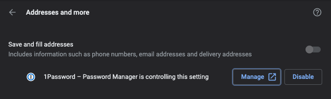 noiano's tweet photo. @1Password I can't seem to be allowed to enable auto fill. Is this by design? I have the latest chrome and 1password extension and app. :( https://t.co/bf3JyNq1lR