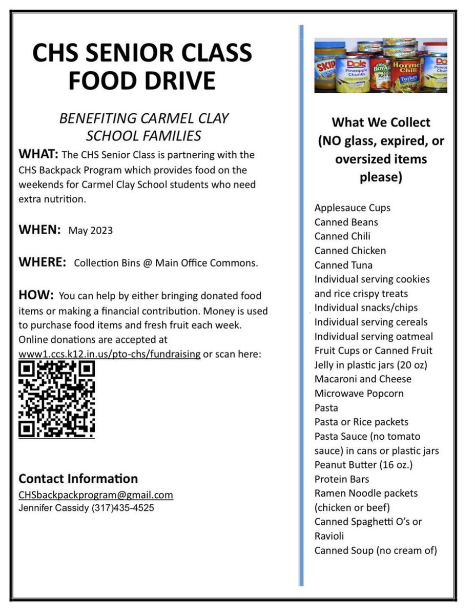 🔵🟡 Seniors! 🟡🔵 As part of Senior Celebration’s “Leave your Legacy” is the food drive happening now. Please help fill the bins in front of the 2️⃣0️⃣2️⃣3️⃣! Items needed are in image below. @chsinfo