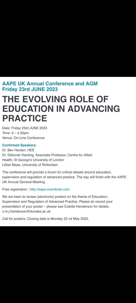 We often forget the role of dissemination with the amazing work we do. Have a look at this conference to showcase the amazing work in education and the education pillar in advanced practice. We would love to see your poster contributions @AAPEUK @SCoRMembers @NHSE_WTE