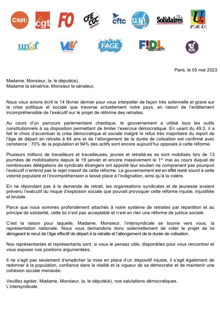 Courrier des organisations syndicales et de jeunesse pour que les parlementaires votent (enfin) pour le retrait de cette loi de régression sociale #stop64ans